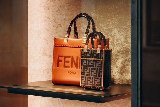 Rome, Italy - 27.12.2023: Fendi bags in a boutique window on Via Condotti in Rome