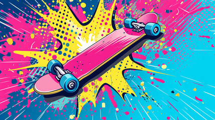 Wow pop art. Skateboard. Vector colorful background in pop art retro comic style. - obrazy, fototapety, plakaty