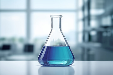 laboratory glassware with blue iquid, erlenmeyer flask lying on a white lab bench, glassware...