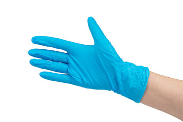 Doctor wearing blue nitrile gloves isolated on white background