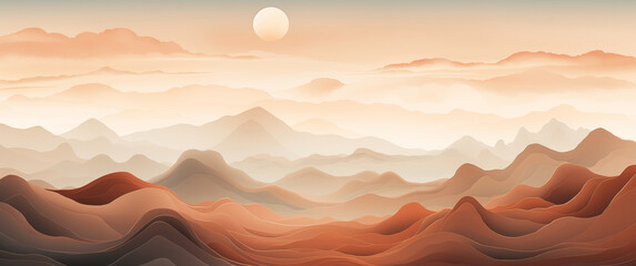 background mountain landscape cut paper layers effect mist soft pink beige brown, sun moon clouds, japanese etching, light colors, lines waves, imaginary magic dream fantasy, fairy tale, orange fog