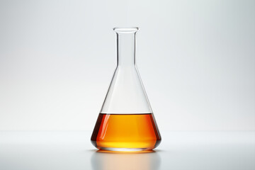 chemical laboratory flask with orange liquid, erlenmeyer, white lab bench and background, glassware equipment for scientific experiment in medicine biology healthcare chemistry research, flavor odor