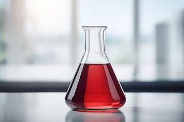 Erlenmeyer flask laboratory glassware, white lab bench red liquid equipment for scientific...