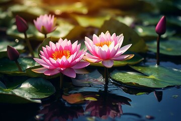 Blooming pink lotus with yellow pollen in dark pond, alongside waterlily. Generative AI