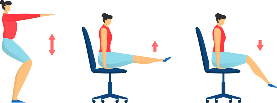 Woman performing desk exercises, office workout poses, seated leg lifts and squats. Office fitness routine, work break stretching vector illustration.