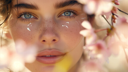 Fototapeta premium Portrait of Radiant Beauty Amidst Flower Blossoms