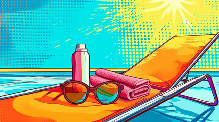 Wow pop art. Towel, glasses, sunscreen on the sun lounger at the pool. Vector colorful background in pop art retro comic style. - obrazy, fototapety, plakaty