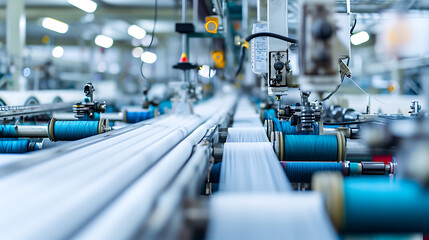 Uma moderna instalação de fabricação têxtil com teares e maquinaria automatizados demonstrando os avanços tecnológicos na indústria têxtil - obrazy, fototapety, plakaty