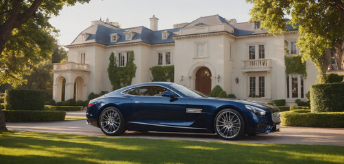 car in front of a mansion luxury life 