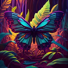 psychedelic butterfly, trippy buterfly with colorful wings, dreamy jungle in background, realistic, 4k