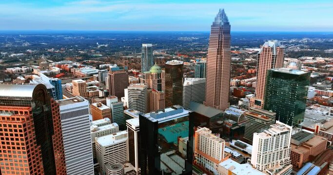 Densely built architecture in the city downtown. Top view of Charlotte, North Carolina, USA at daytime.