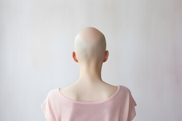 Back view of bald woman with medical condition causing hair loss like Alopecia Areata or chemotherapy - obrazy, fototapety, plakaty