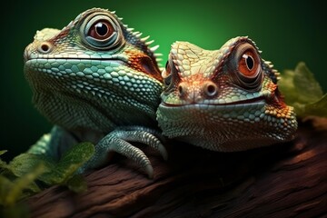 Obraz premium close up of iguana. lizard on a tree. The chameleon is a fascinating reptile known for its ability to change color and blend into its surroundings. chameleon on a branch. green iguana on a background.