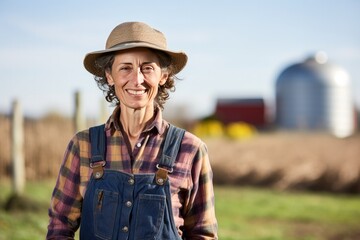 Fototapeta premium Portrait of a Mature Woman Farmer in Front of a Farm Background