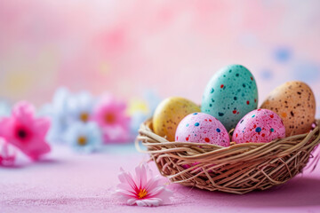 Fototapeta na wymiar Colorful easter eggs in a basket on a pink background. Generative AI