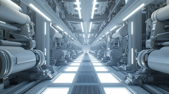Uma moderna instalação de fabricação têxtil com teares e maquinaria automatizados demonstrando os avanços tecnológicos na indústria têxtil
