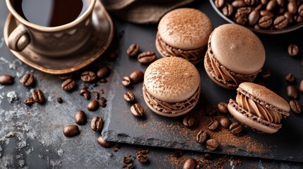 Dark and brown macarons, coffee powder on them, coffee smooth cream, on a dark marble table, coffee beans and a cup of coffee beside - obrazy, fototapety, plakaty