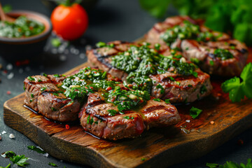 Homemade grilled steak with chimichurri sauce and spices. Generative AI - obrazy, fototapety, plakaty