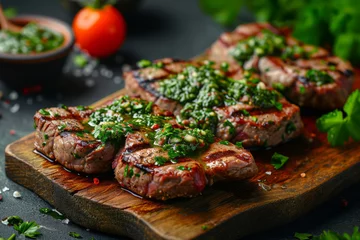 Tuinposter Homemade grilled steak with chimichurri sauce and spices. Generative AI © barmaleeva