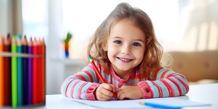 Happy little girl sitting at a table and drawing with colored pencils. Children's creativity and development concept.
