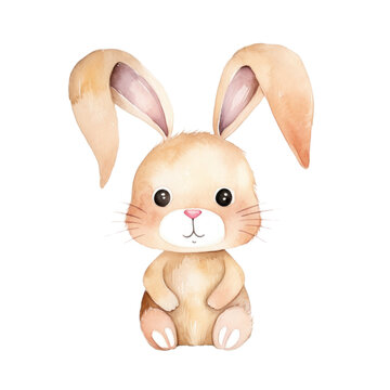 An Easter bunny, portrayed in watercolors, stands out on a clear background in this charming and cute illustration