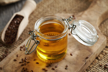 Flax seed oil in a glass jar