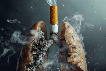 Dangerous cigarette smoke causing damage to lungs. Lung disease from smoking tobacco - obrazy, fototapety, plakaty
