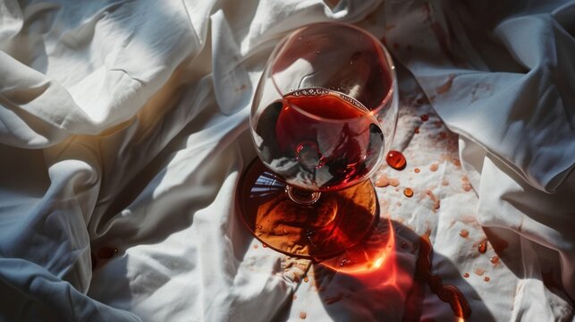  a glass of red wine sitting on top of a bed covered in white sheets and a white blanket on top of a bed spread with white sheets and white sheets.