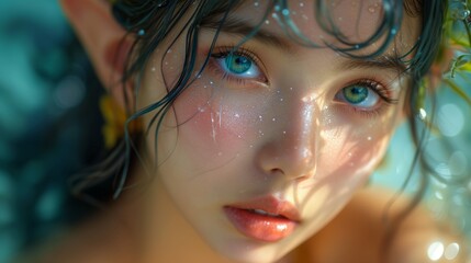 fantasy photography, An elf lady model with ponytail hair, bangs, oval-face. close up portrait. - obrazy, fototapety, plakaty