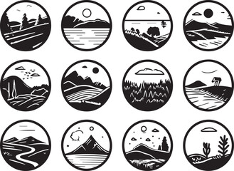 Set different landscapes in a circle icon, spaced apart, super cute, cottagecore, black and white, cartoonish, graphic black outlines. Hand drawn vector illustration