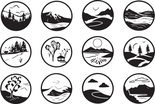 Set different landscapes in a circle icon, spaced apart, super cute, cottagecore, black and white, cartoonish, graphic black outlines. Hand drawn vector illustration