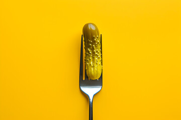 Pickled cucumber on a fork against yellow background, free space for text. Minimalistic fermented...
