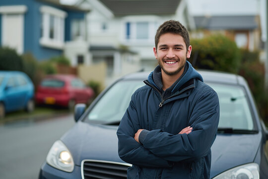 Happy young man standing in front of his car in residential area