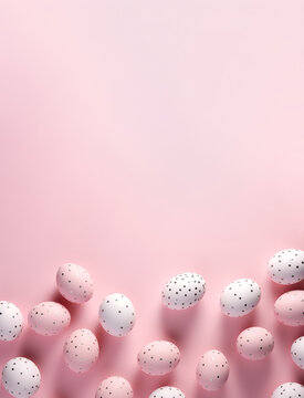Happy Easter day minimalistic layout, painted eggs on pink background with copy space