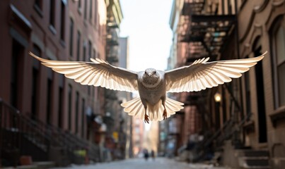 A bird flying along an urban street, illuminated by warm sunlight