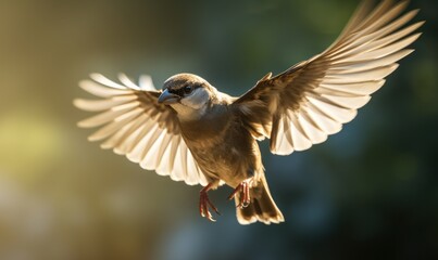 Obraz premium Sparrow flying in the air on a sunny day in the city