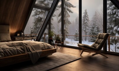 Fototapeta premium Cozy living room interior in winter with a large window overlooking the forest.