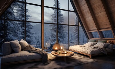 modern bedroom interior with a large window overlooking the winter forest