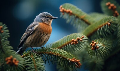 Bluebird sitting on a branch of a spruce with pine cones