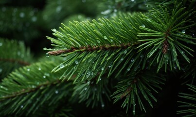 Fir tree branch with water drops close-up. Natural background