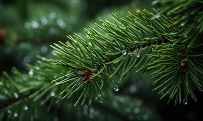 Fir tree branch with water drops close-up. Natural background