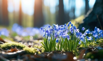 First spring flowers - blue snowdrops in the forest. Early spring landscape.