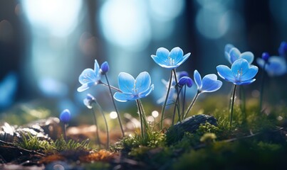 Spring flowers in the forest. Beautiful nature scene with blooming blue flowers.