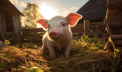 Cute little piglet on the farm in the sunset light.