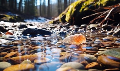 Frozen water in the forest with ice cubes and pebbles. Early spring landscape