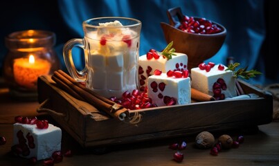 Hot chocolate with pomegranate and marshmallows on wooden background.