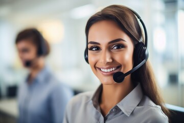 Radiating professionalism, a Scandinavian customer service representative wearing a headset smiles warmly, projecting confidence and warmth.