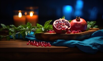 Naklejka na ściany i meble Ripe pomegranate fruits on wooden table in dark room