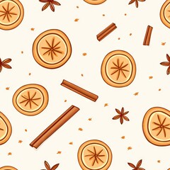 Fototapeta na wymiar Seamless pattern simple doodle cinnamon star anise, orange on a white background retro style. Fabric print, christmas background. Wallpaper.