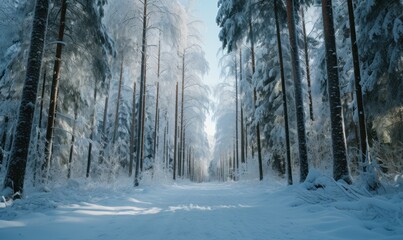 Fototapeta na wymiar Beautiful winter forest landscape with trees covered with hoarfrost and snow